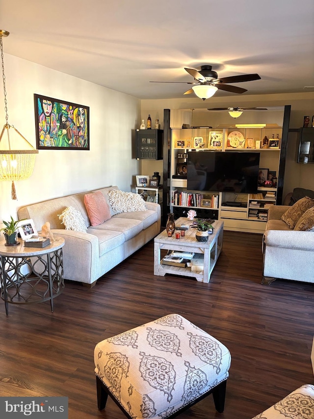 living area featuring ceiling fan and wood finished floors