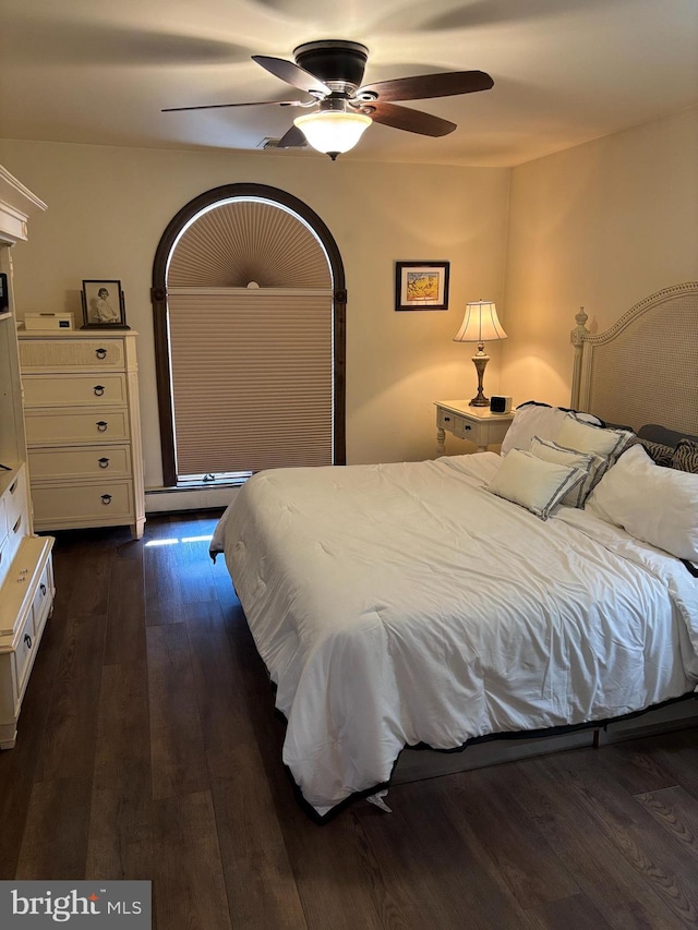 bedroom with ceiling fan and dark wood finished floors