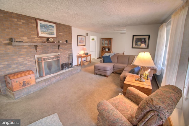 carpeted living room with a textured ceiling and a fireplace