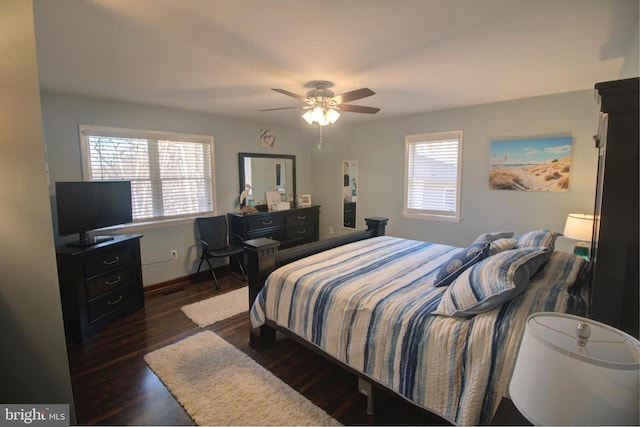 bedroom with dark wood-style floors, multiple windows, and ceiling fan