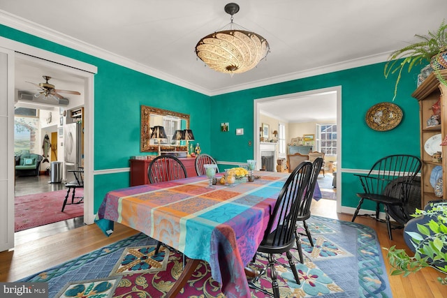 dining space with a fireplace, crown molding, and wood finished floors