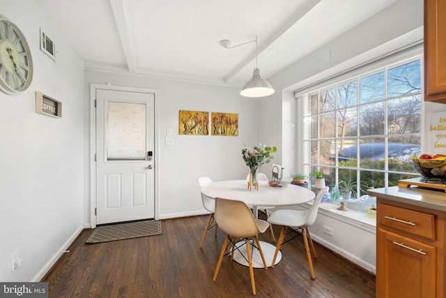 dining room featuring visible vents, beamed ceiling, baseboards, and dark wood-style flooring