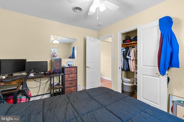 bedroom with a ceiling fan, visible vents, a closet, and baseboards