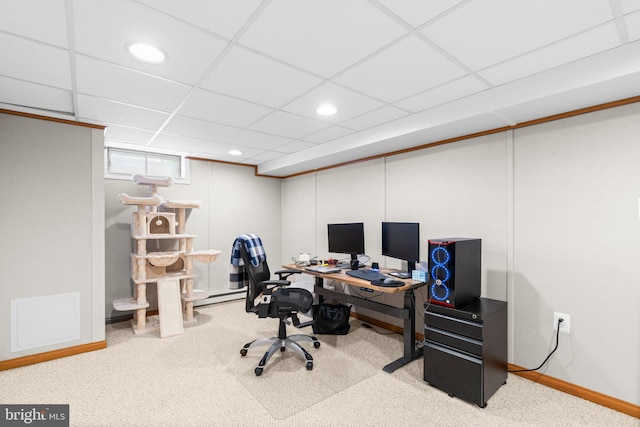 office with carpet flooring, a paneled ceiling, and recessed lighting