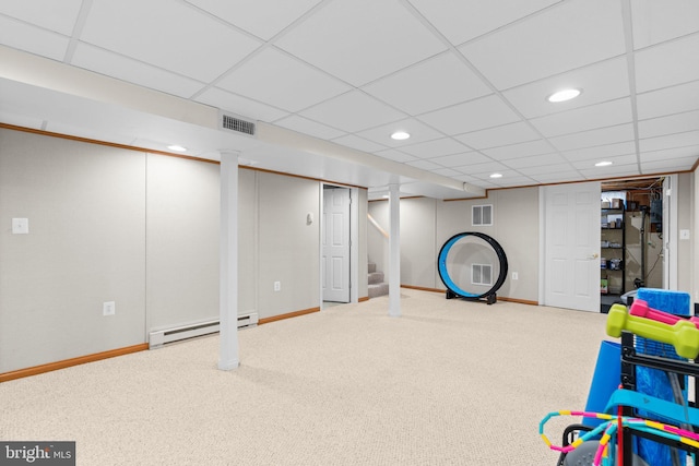 recreation room with recessed lighting, visible vents, baseboard heating, and carpet floors