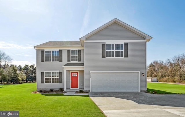 traditional-style home featuring driveway, a garage, and a front lawn