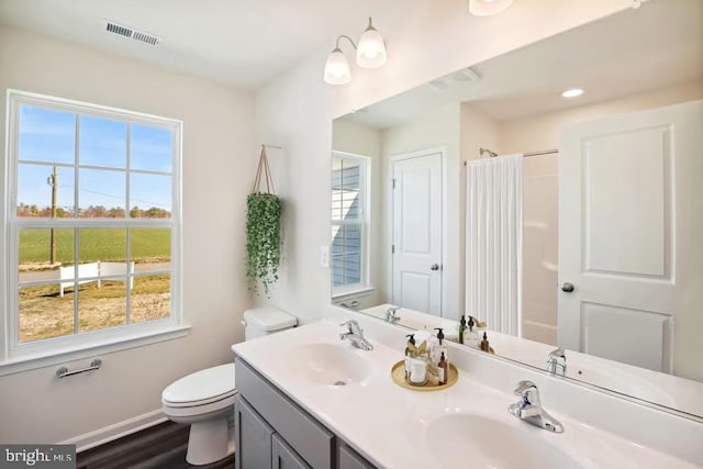 bathroom featuring double vanity, baseboards, visible vents, and a sink