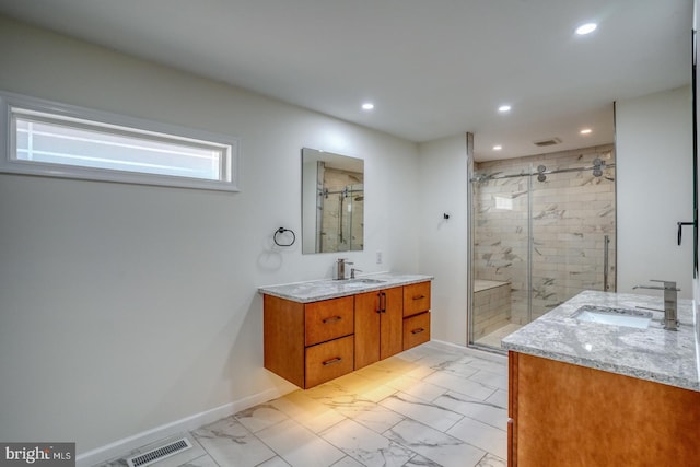 full bathroom with marble finish floor, baseboards, visible vents, and vanity