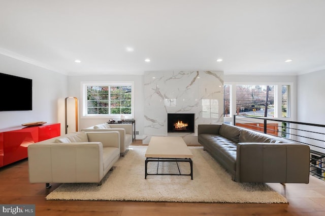 living room featuring wood finished floors, crown molding, recessed lighting, and a high end fireplace