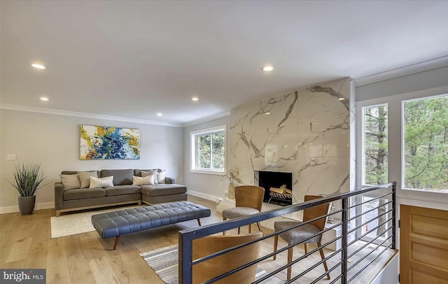 living area featuring baseboards, a premium fireplace, ornamental molding, recessed lighting, and wood finished floors