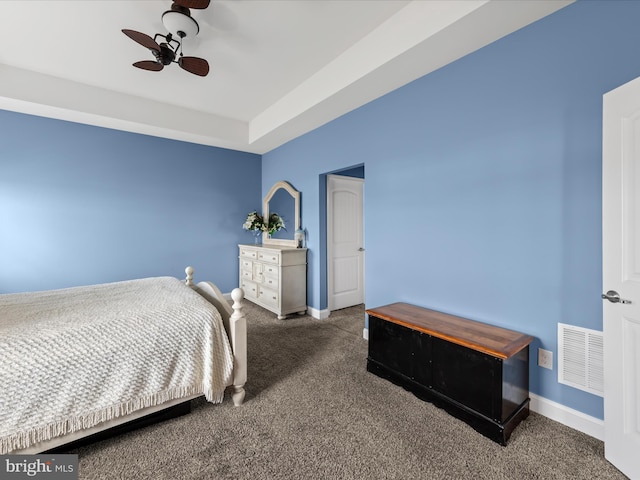 bedroom with visible vents, ceiling fan, baseboards, and carpet floors