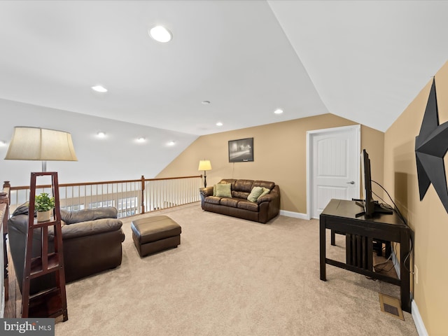 living area featuring recessed lighting, visible vents, light colored carpet, and vaulted ceiling