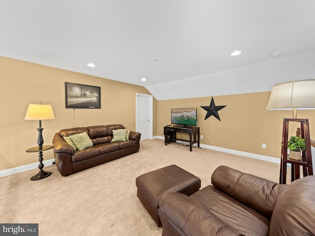 living room with recessed lighting, baseboards, carpet flooring, and vaulted ceiling