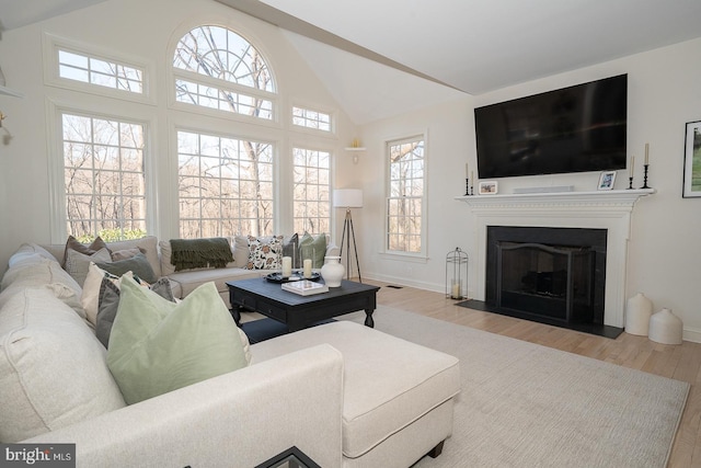 living room with baseboards, a fireplace, high vaulted ceiling, and wood finished floors