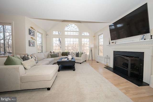 living room featuring a wealth of natural light, a fireplace with flush hearth, vaulted ceiling, and wood finished floors