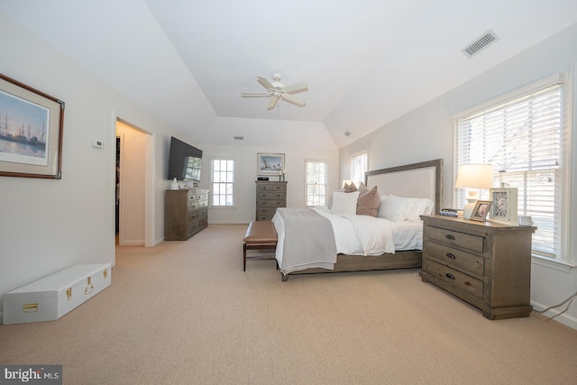 bedroom with a ceiling fan, baseboards, visible vents, and carpet flooring