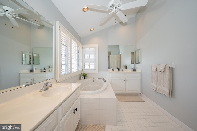 full bathroom with two vanities, vaulted ceiling, a sink, a bath, and tile patterned floors