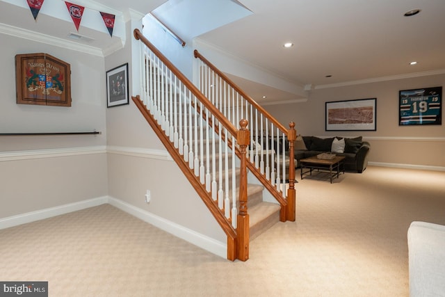 stairway with recessed lighting, carpet flooring, and crown molding