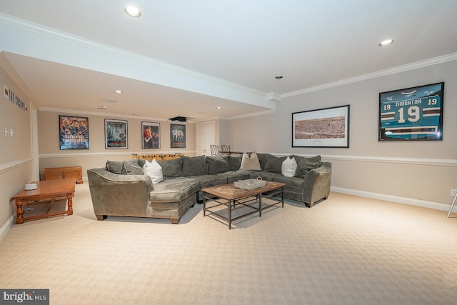 living room with carpet floors, recessed lighting, and ornamental molding