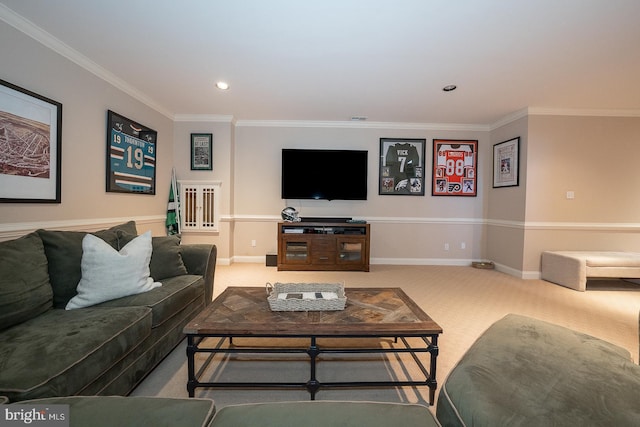 carpeted living area featuring baseboards, ornamental molding, and recessed lighting