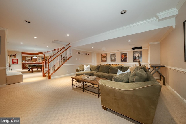 living room with light carpet, stairs, ornamental molding, and recessed lighting