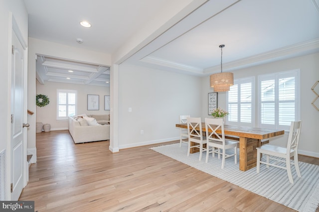 dining space featuring light wood-type flooring, coffered ceiling, beamed ceiling, and baseboards