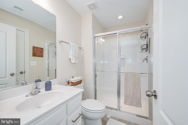 full bath featuring toilet, a stall shower, vanity, and visible vents