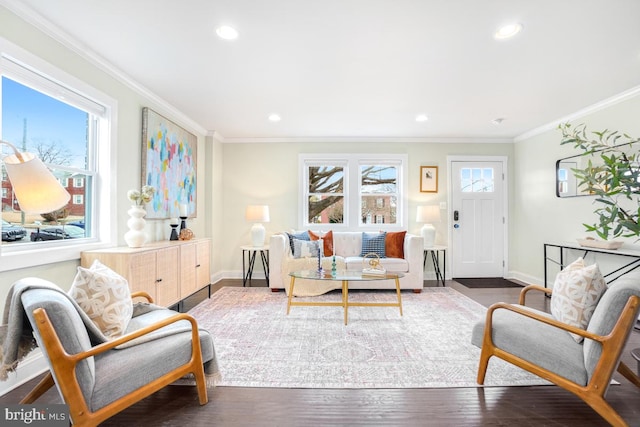 living room featuring a healthy amount of sunlight, crown molding, and wood finished floors