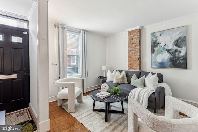 living room featuring ornamental molding, wood finished floors, and baseboards