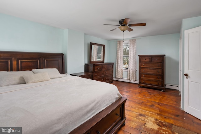 bedroom featuring a baseboard radiator, dark wood-type flooring, and ceiling fan