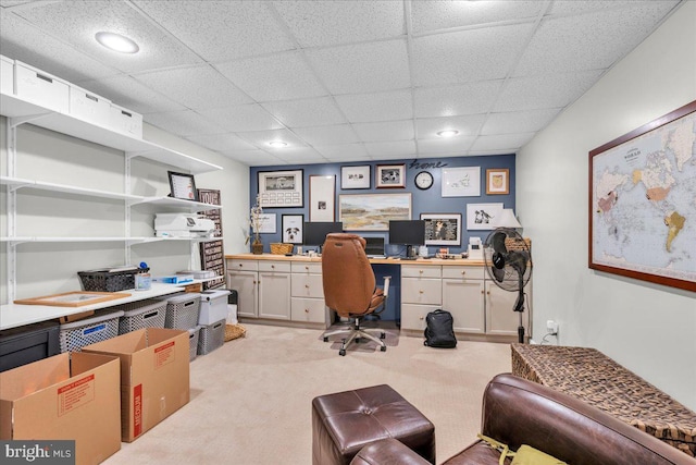 office area featuring recessed lighting, a drop ceiling, and light colored carpet