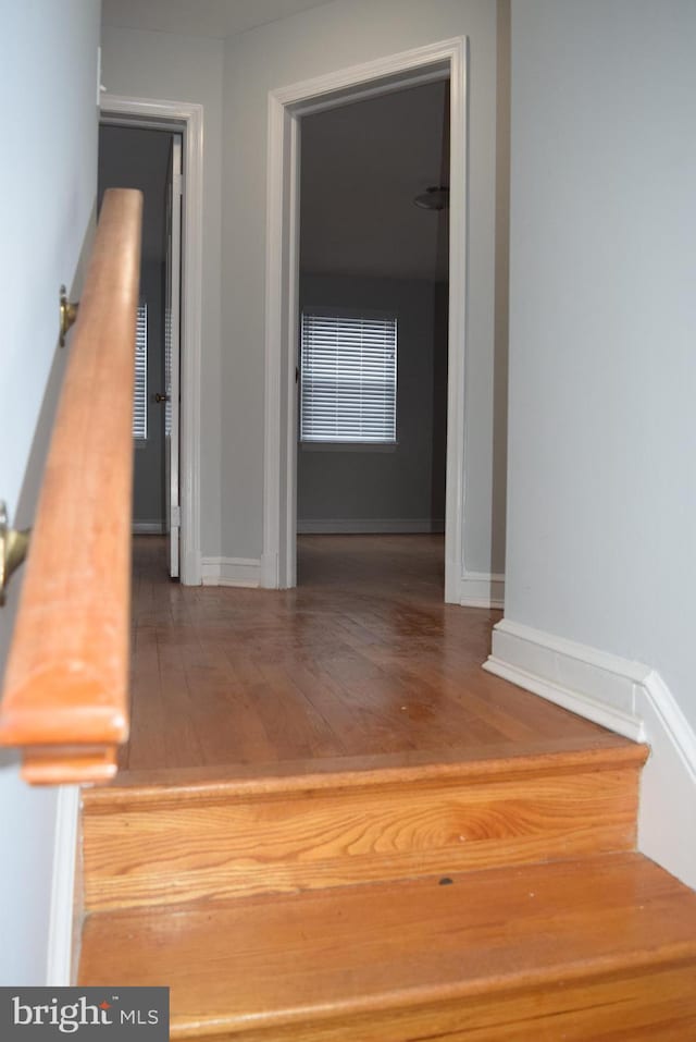 hallway with baseboards and wood finished floors