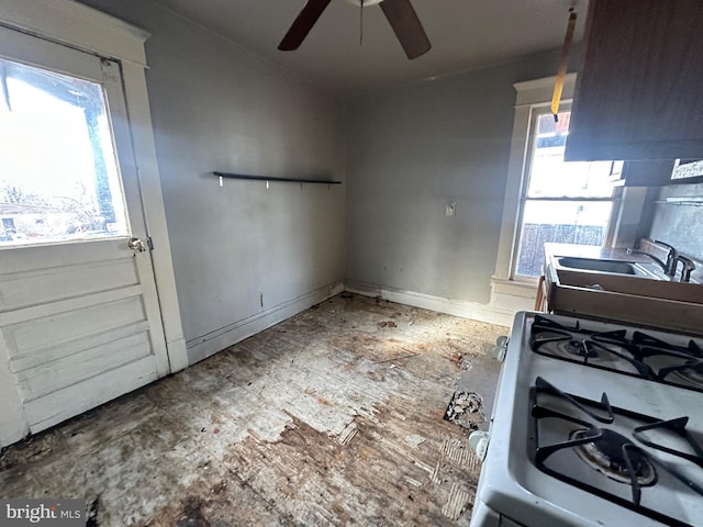 kitchen with a healthy amount of sunlight, white range with gas stovetop, a ceiling fan, and a sink