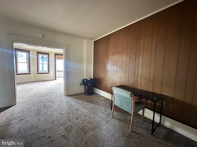 interior space featuring carpet, wooden walls, and baseboards