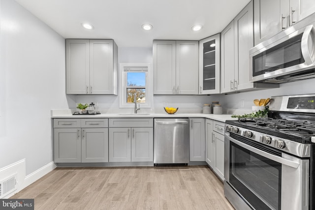 kitchen featuring stainless steel appliances, gray cabinets, visible vents, and a sink