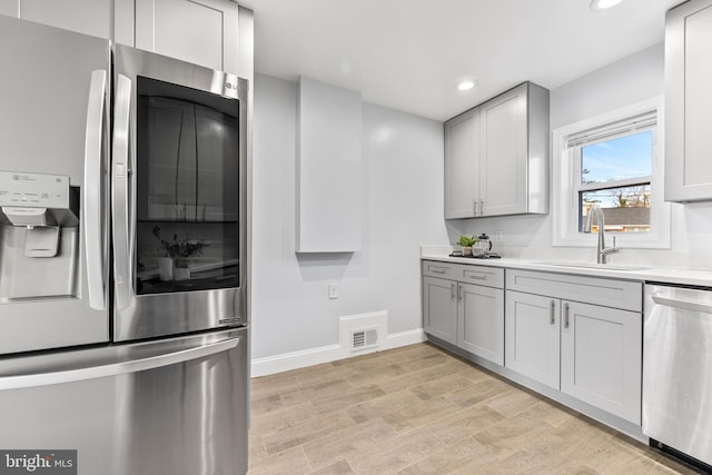 kitchen with visible vents, appliances with stainless steel finishes, gray cabinets, light wood-style floors, and a sink