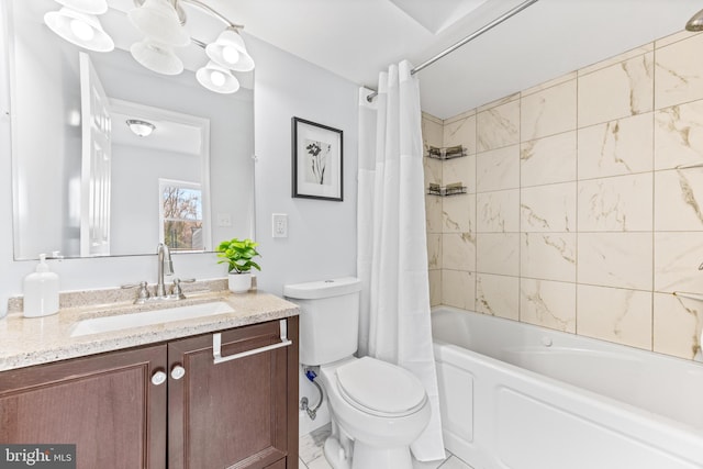 full bath featuring shower / bath combination with curtain, vanity, and toilet