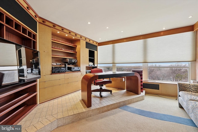 office area featuring recessed lighting and light colored carpet