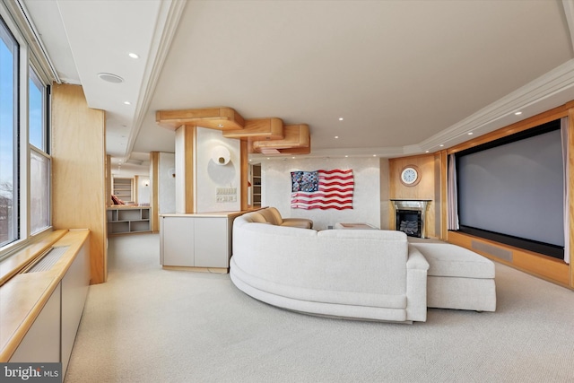 living area featuring recessed lighting and light colored carpet