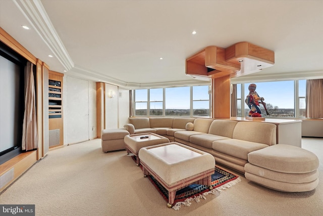 living room featuring recessed lighting, visible vents, ornamental molding, and light colored carpet