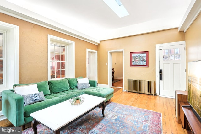 living area with a skylight, radiator heating unit, and hardwood / wood-style flooring