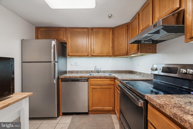 kitchen with appliances with stainless steel finishes, brown cabinetry, a sink, and under cabinet range hood