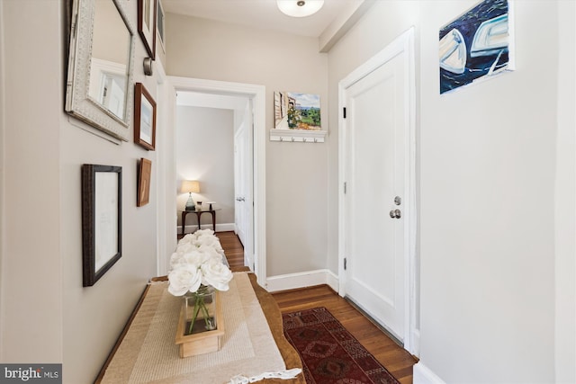 entryway featuring baseboards and dark wood-type flooring