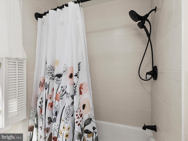 full bathroom with shower / bath combination with curtain