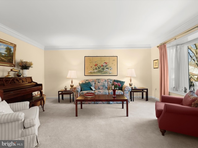 living area with baseboards, carpet flooring, and crown molding