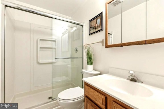 full bath with visible vents, a shower stall, toilet, and vanity