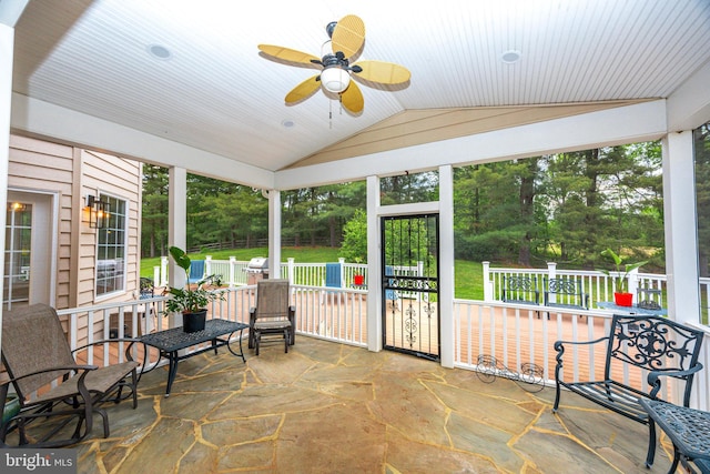 2729 Hollow View Dr, Finksburg, MD 21048 - sunroom featuring ceiling fan, vaulted ceiling, and view of wooded area