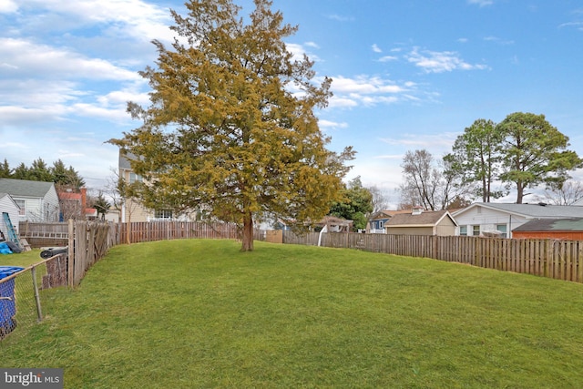 view of yard featuring a fenced backyard and a residential view