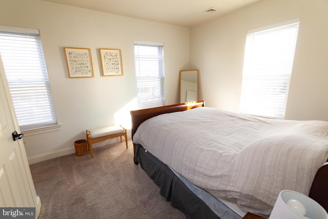 bedroom featuring carpet flooring, visible vents, and baseboards