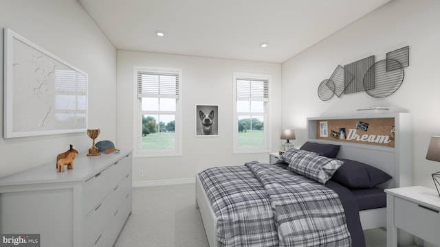 bedroom featuring baseboards, recessed lighting, and light colored carpet